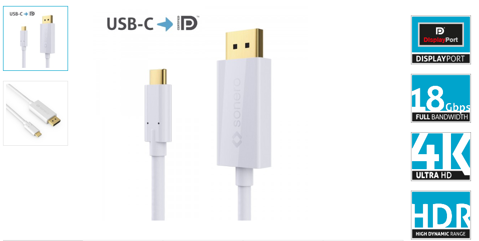 sonero USB-C auf DisplayPort Kabel - DP Mode - 4K60 - weiss - 1,0m