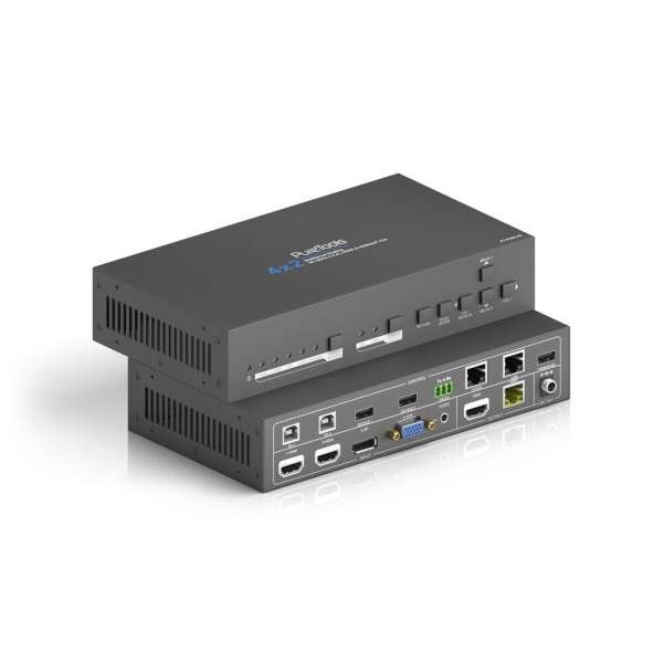 PureTools PT-PSW-42 - 4x2 Multiformat Presentation Switcher mit KVM und Scaler Set - 4K 30Hz - 2xHDMI + 1xDP + 1xVGA auf 1xHDMI + 1xHDBaseT