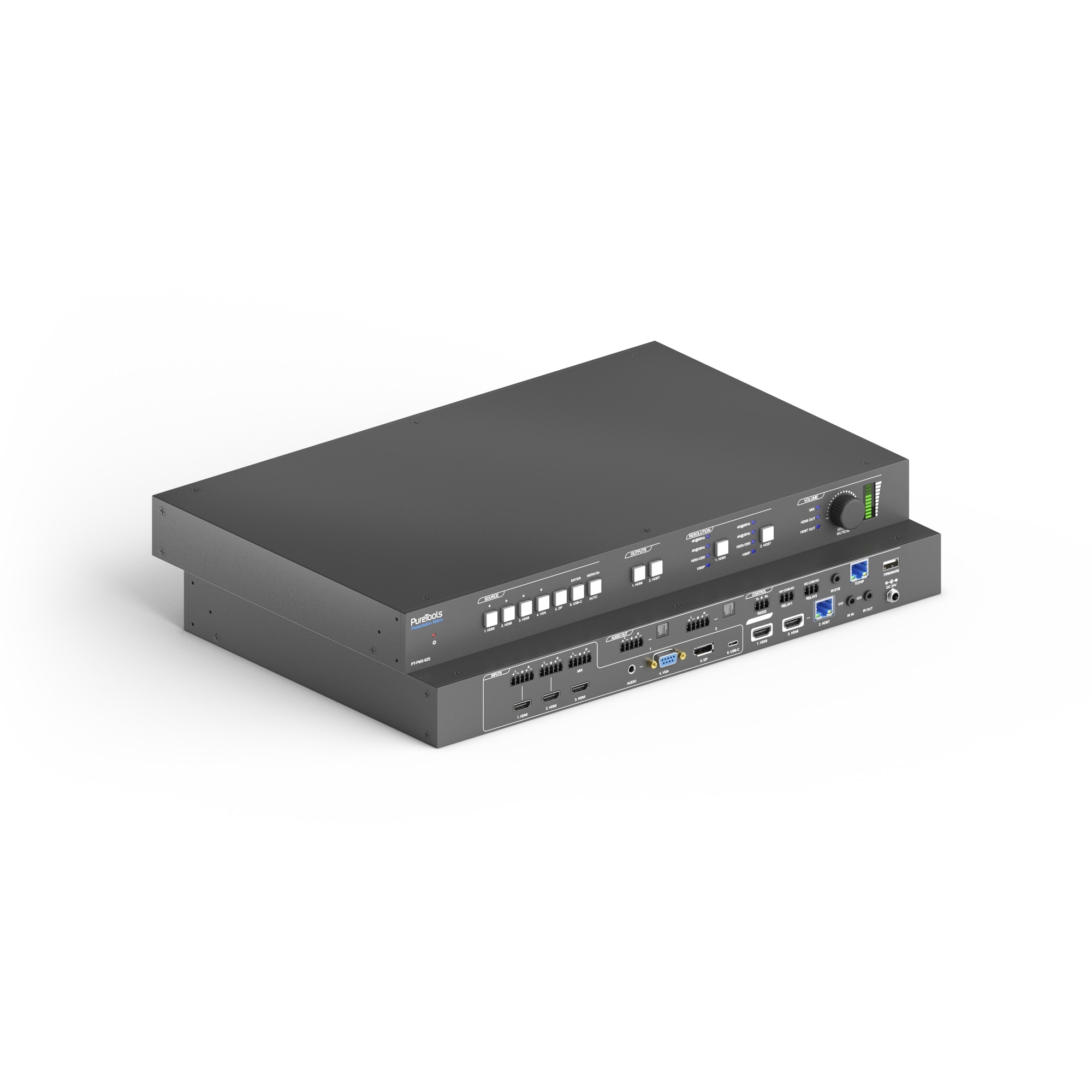 PureTools PT-PMS-62S - Seamless Matrix 6x2 Switcher Set - 4K, HDMI und HDBaseT und HDMI Loop Ausgang, Audio De-Embedding Embedding, Relay Kontrolle und GUI
