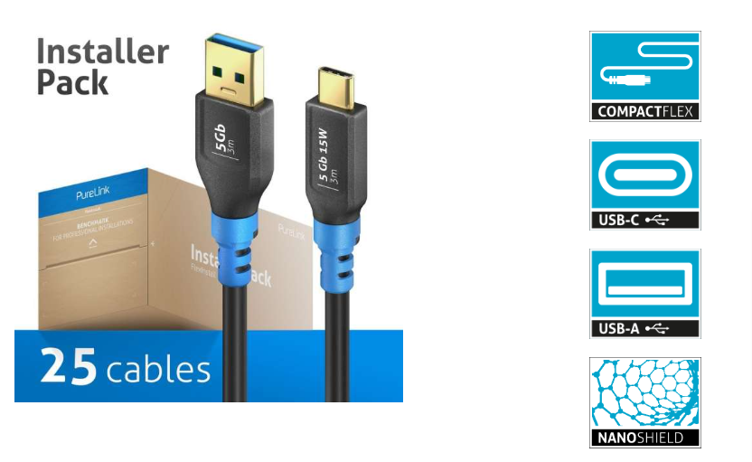 PureLink FI-U320-030-PCK - USB 3.2 Gen1 USB-C / USB-A cable - 3.0m cable length - Black - Installer Pack - 25 cables