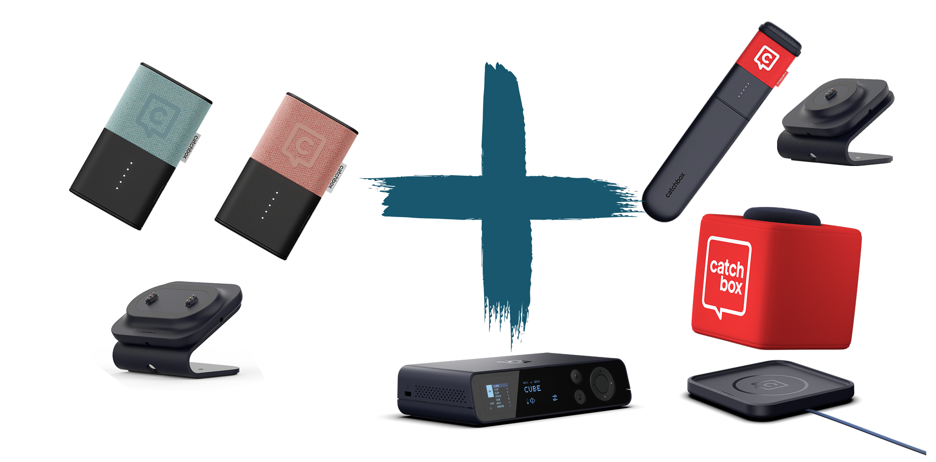 Catchbox Plus - System - 4 Channel - 1 x Cube (Wurfmikro) - 2 x Clip (Ansteckmikro) - 1 x Stick (Handmikro) - 1 x drahtlose Ladestation Cube und Stick - 1 x drahtlose Dual-Ladestation Clip - Standardfarbe - Version 2024