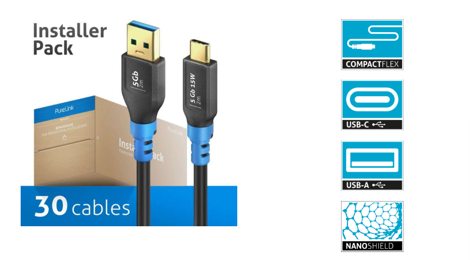 PureLink FI-U320-020-PCK - USB 3.2 Gen1 USB-C / USB-A cable - 2.0m cable length - Black - Installer Pack - 30 cables