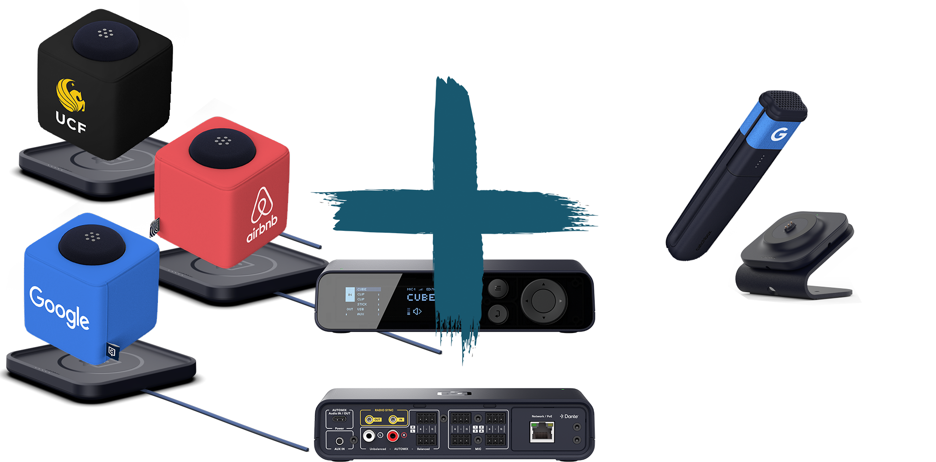 Catchbox Plus - System - 4 Channel - Networking + Dante - 3 x Cube (Wurfmikro) - 1 x Stick (Handmikro) - 3 x drahtlose Ladestation Cube - 1 x drahtlose Ladestation Stick - Customized - Version 2024