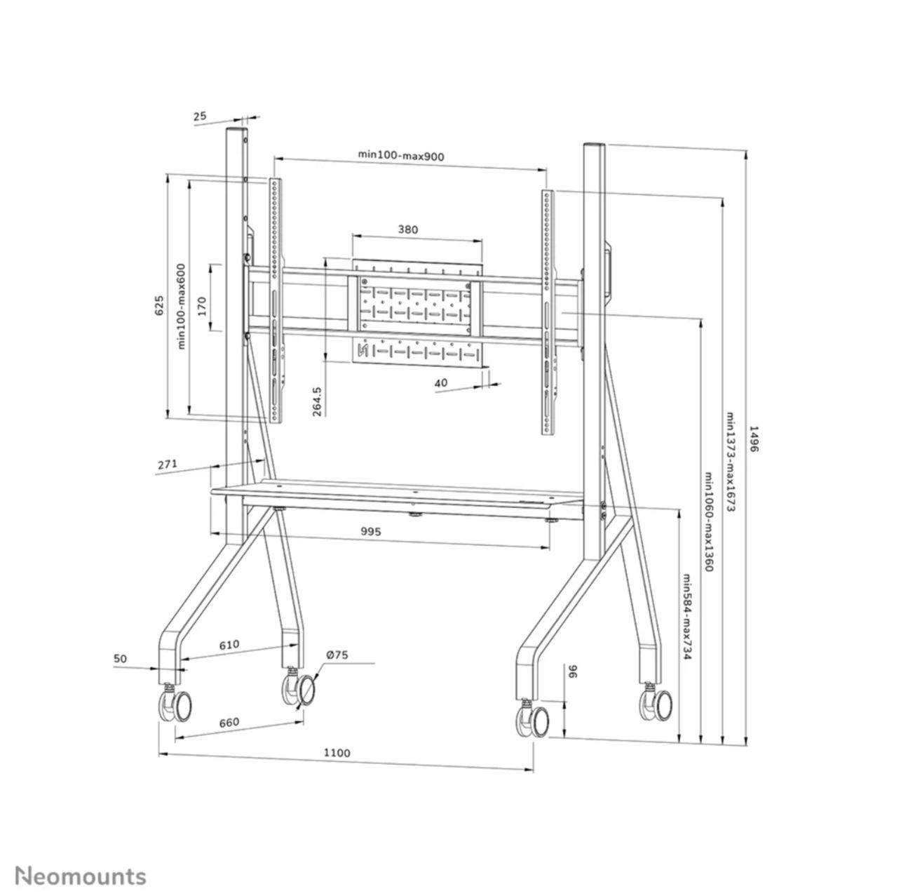 Neomounts by Newstar FL50-525BL1 - Rollwagen - 55-86 Zoll - VESA 900x600mm - bis 76kg - Schwarz