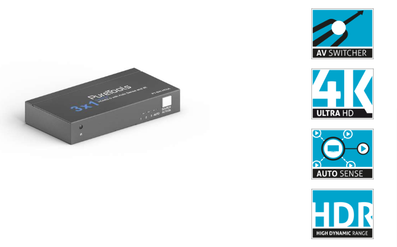 PureTools PT-SW-HD3A - 3x1 Switch - 18Gbps - 4K (60Hz 4:4:4), 3xHDMI, HDR-Umschaltung, IR-Fernbedienung, CEC-Pass-Through, HDR10, DolbyVision