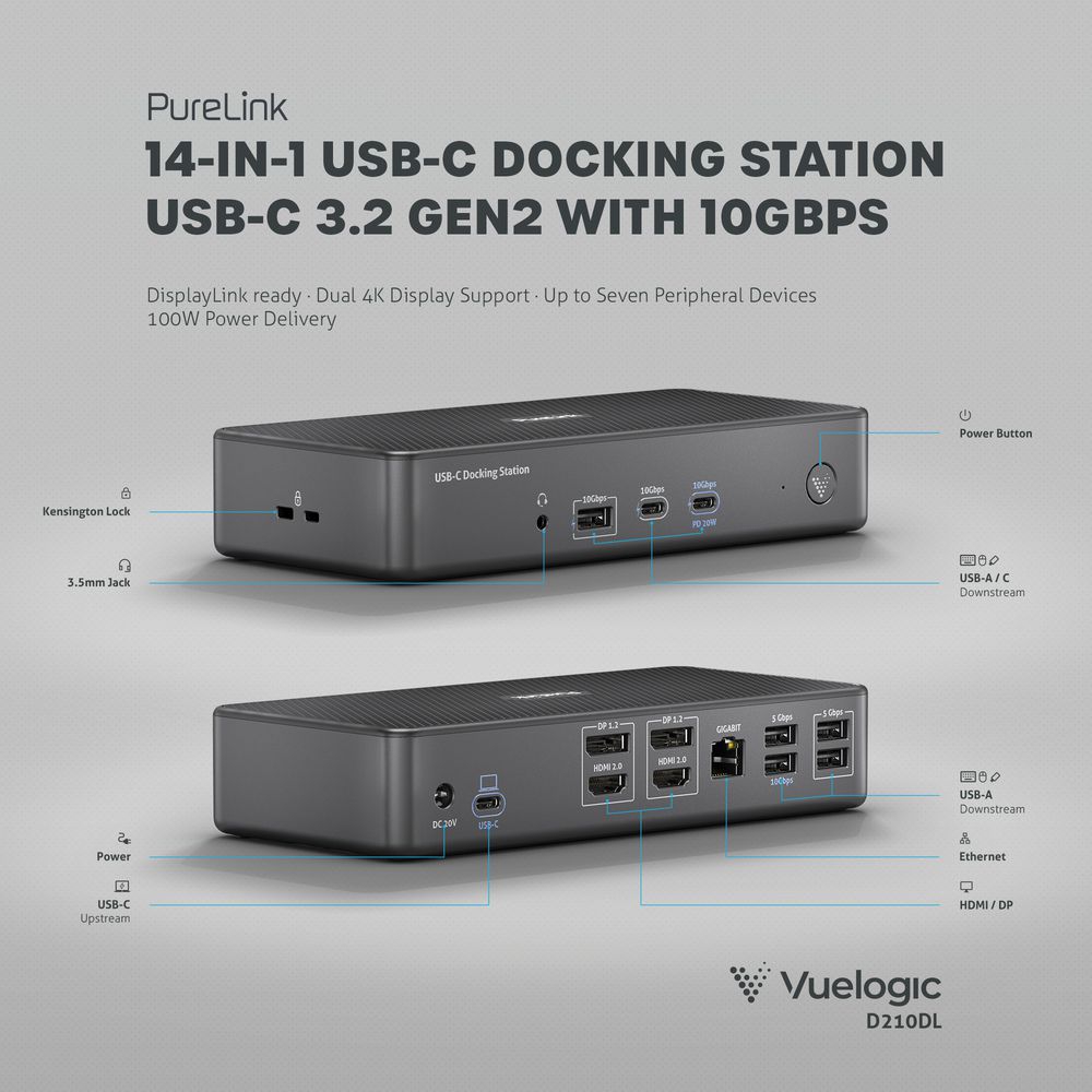 Purelink Vuelogic VD-D210DL - 14-in-1 USB-C DisplayLink Docking Station - 2x HDMI 2.0 4K60, 2x DP 1.2 4K60, USB 3.2 Gen2 100W PD 10Gbps, 7x USB, 1x Ethernet