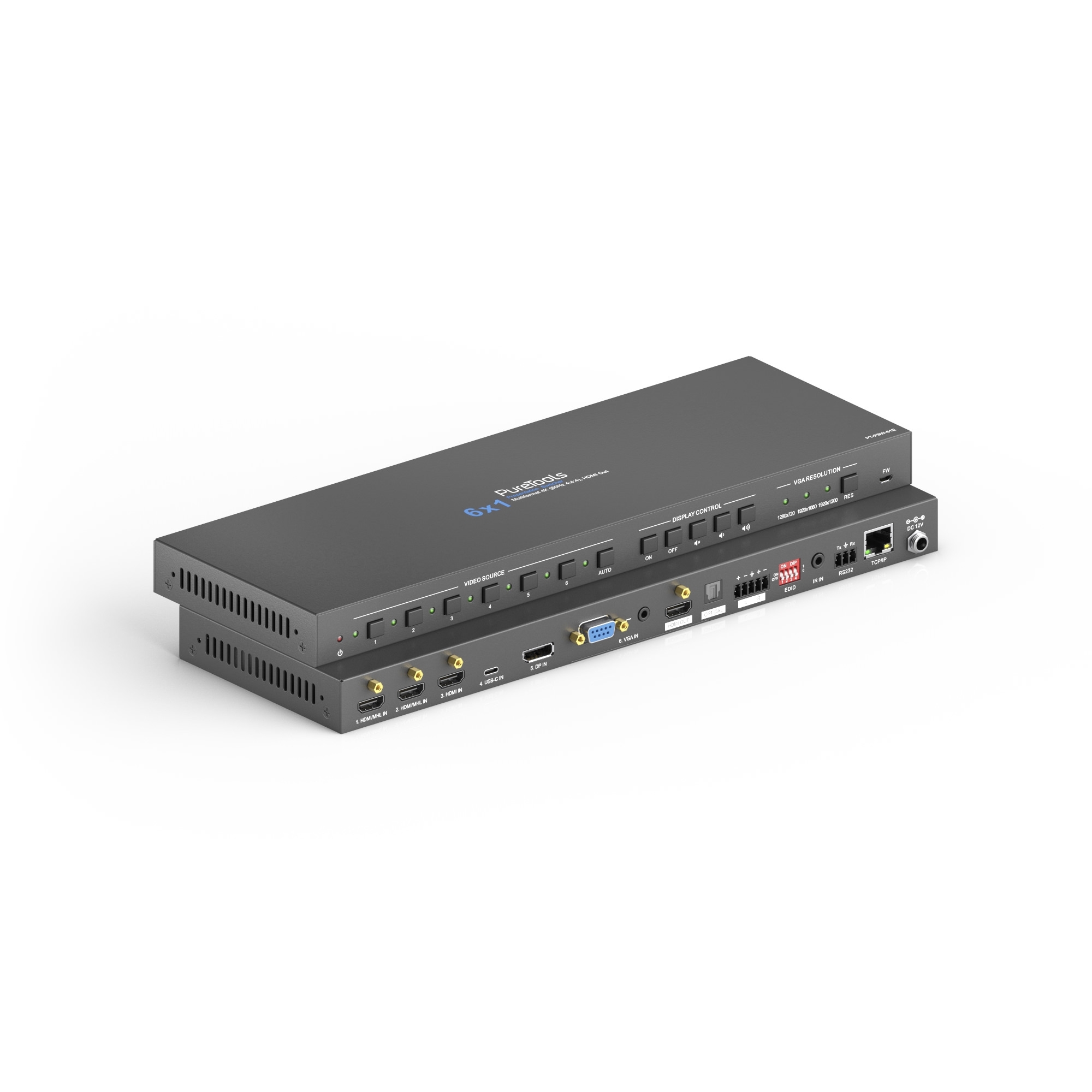 PureLink PT-PSW-61E - 6x1 Multiformat Presentation Switcher - 4K 60Hz 4:4:4 - 3 x HDMI + DP, USB-C und VGA, EDID-Management und automatische Umschaltung mit TMD