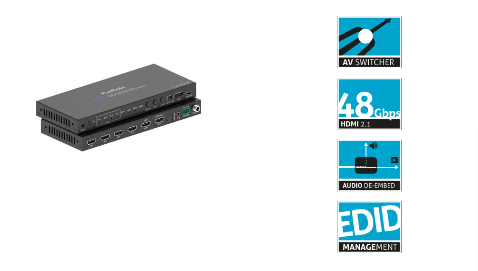 PureTools PT-SW-HD41-48G - 4x1 HDMI 2.1 Switcher 8K (60Hz 4:4:4), Audio-De-Embedding, eARC, RS232- und EDID-Management