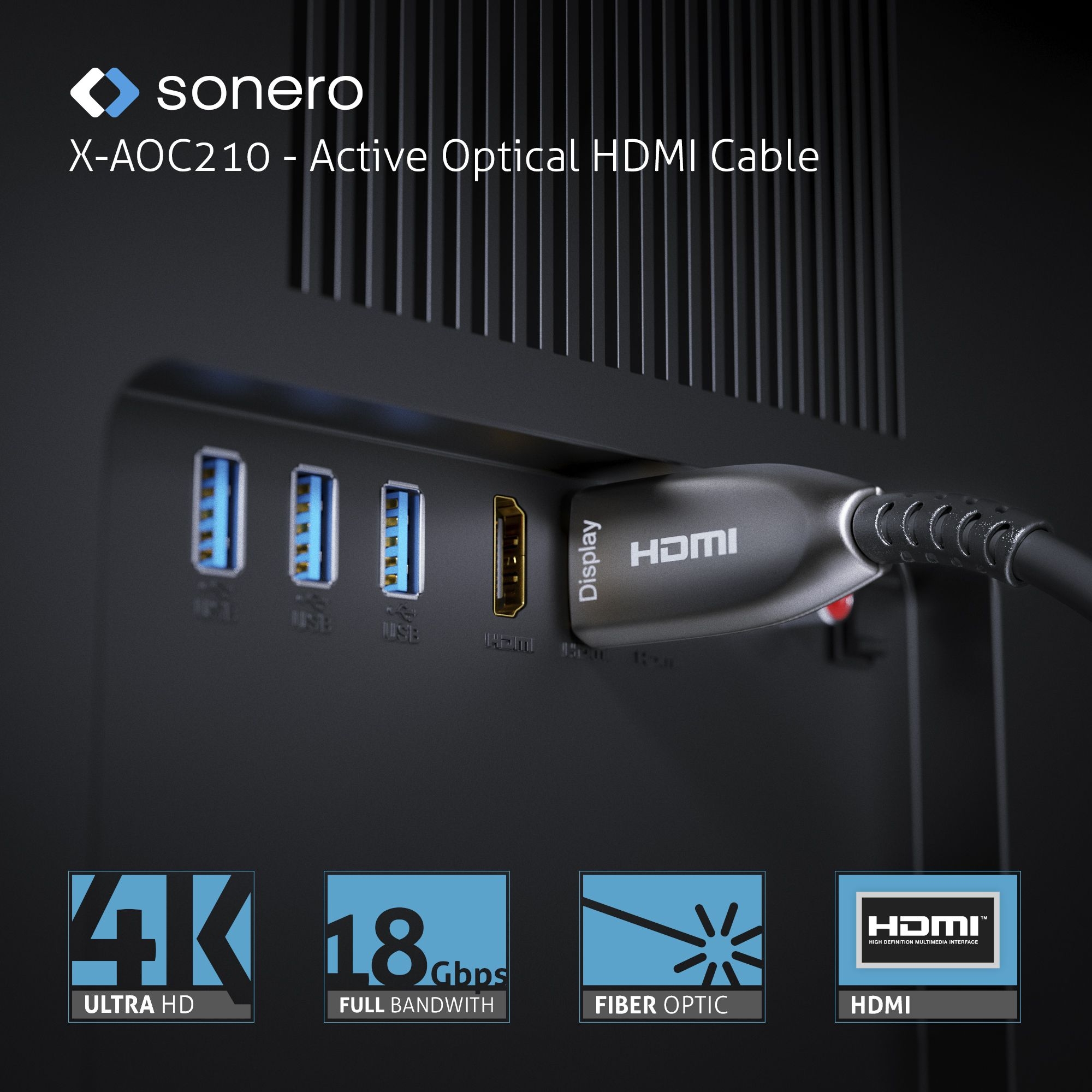 Sonero X-AOC210-200 - HDMI 4K fibre optic cable - 18 Gbps - 20.0m - Black