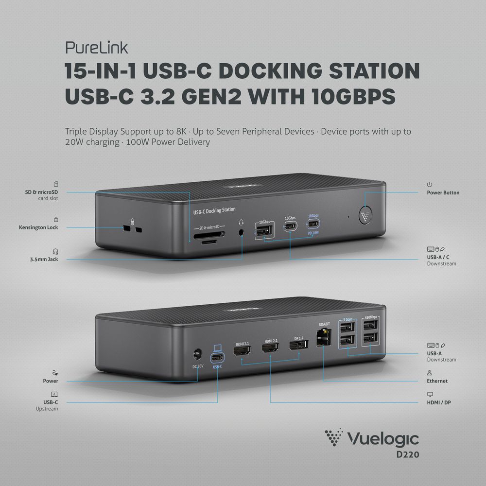 Purelink Vuelogic VL-D220 - 15-in-1 USB-C DisplayLink Docking Station - 2x HDMI 2.1 8K30, 1x DP 1.4 8K30, USB 3.2 Gen2 100W PD 10Gbps, 7x USB, 1x Ethernet, 1x card reader