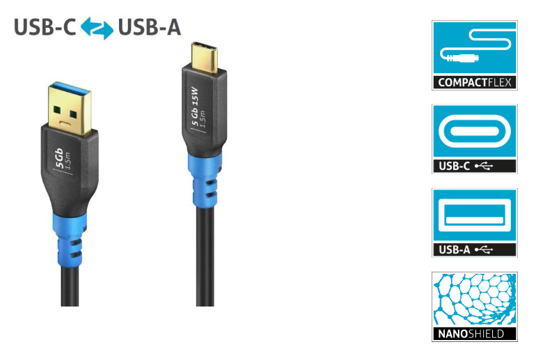 PureLink FI-U320-015 - USB 3.2 Gen1 USB-C / USB-A Kabel - 1,5m Kabellänge - Schwarz