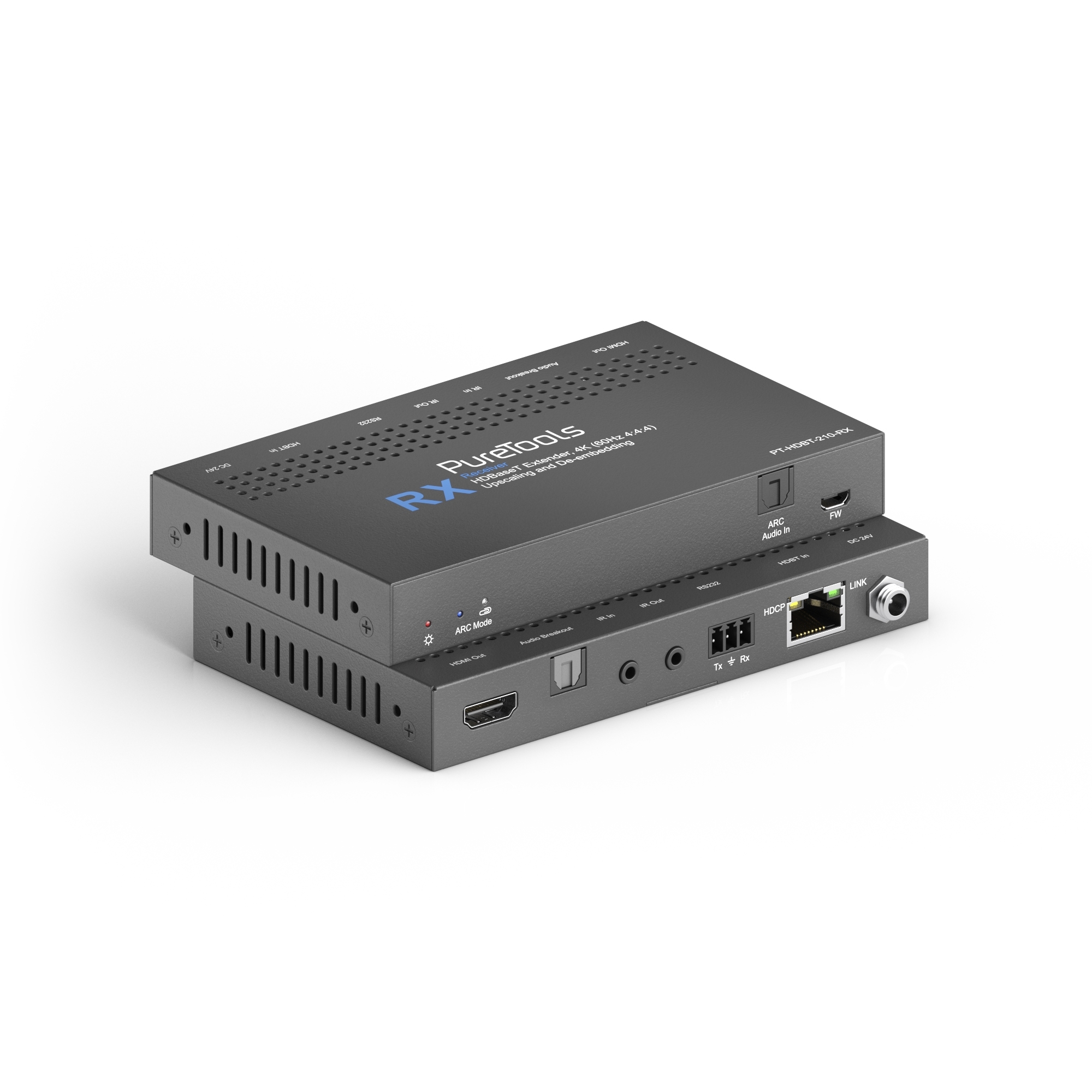 PureTools - HDBaseT Extender Set, 18G HDR. 40m@4K, 70m@1080p. 1080p bis 4K Upscaling. Unterstützt ARC und externe Audioübertragung von RX nach TX.