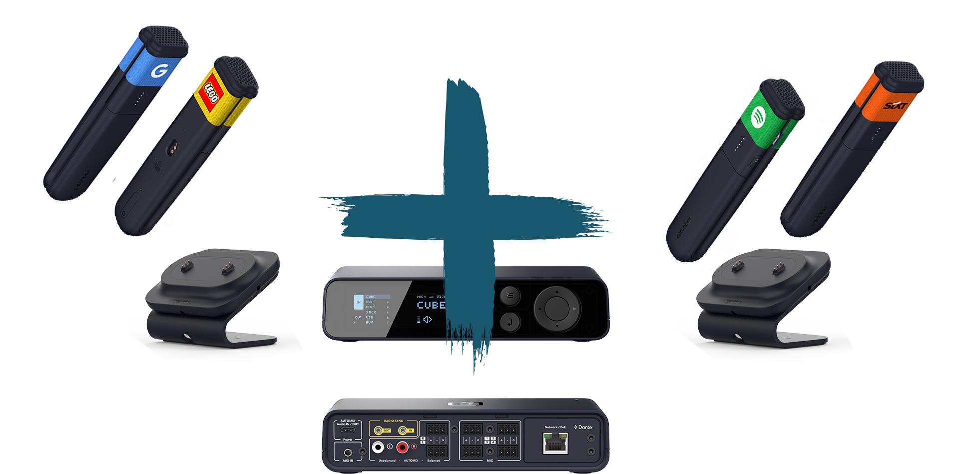 Catchbox Plus - System - 4 Channel - Networking + Dante - 4 x Stick (Handmikro) - 2 x drahtlose Dual-Ladestation Stick - Customized - Version 2024