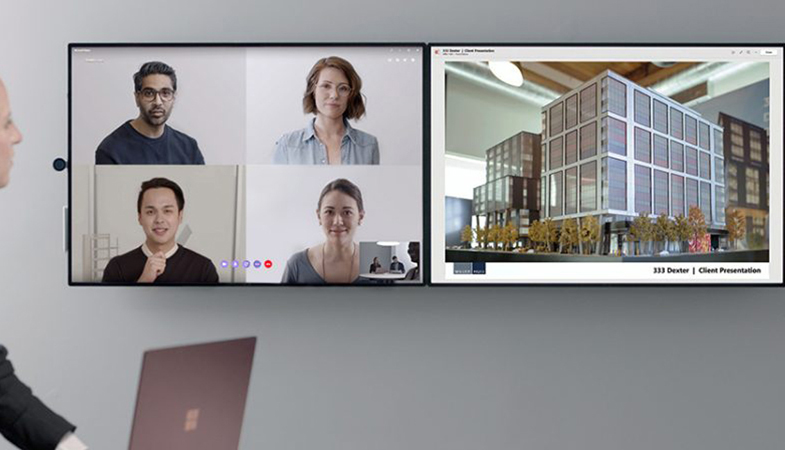Das Surface Hub 2S kommt mit 4K Kamera, Fernfeld-Mikrofonen und Lautsprechern für professionelle Videokonferenzen