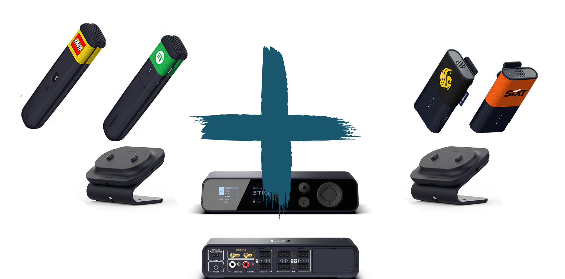 Catchbox Plus - System - 4 Channel - 2 x Clip (Ansteckmikro) - 2 x Stick (Handkmikro) - 2 x drahtlose Dual-Ladestation Clip + Stick - Customized - Version 2024