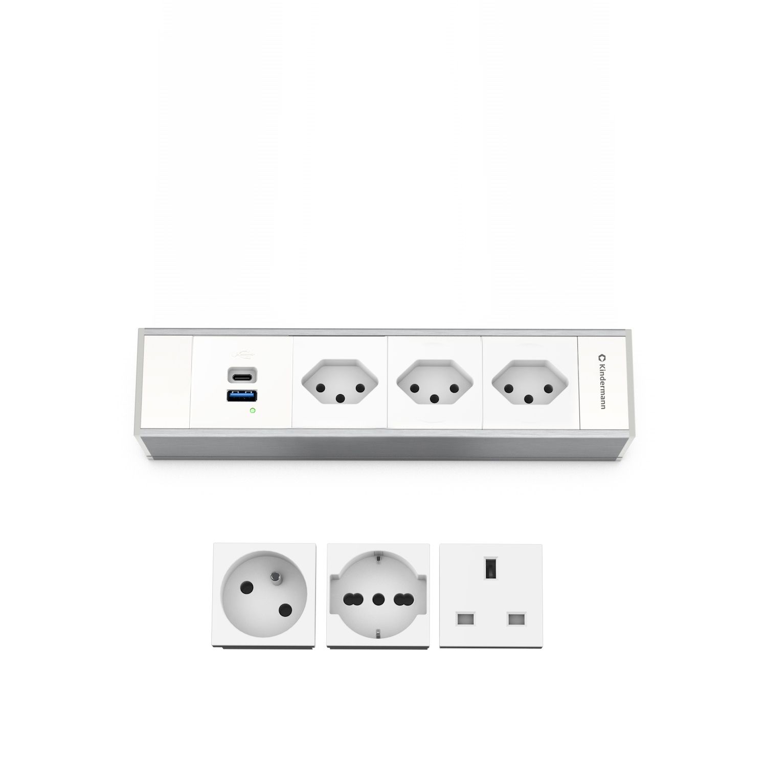Kindermann Modulträger 4-fach 3xStrom INT - 1x USB-A / 1x USB-C - Tischanschlussfeld - Aluminium natur - eloxiert 
