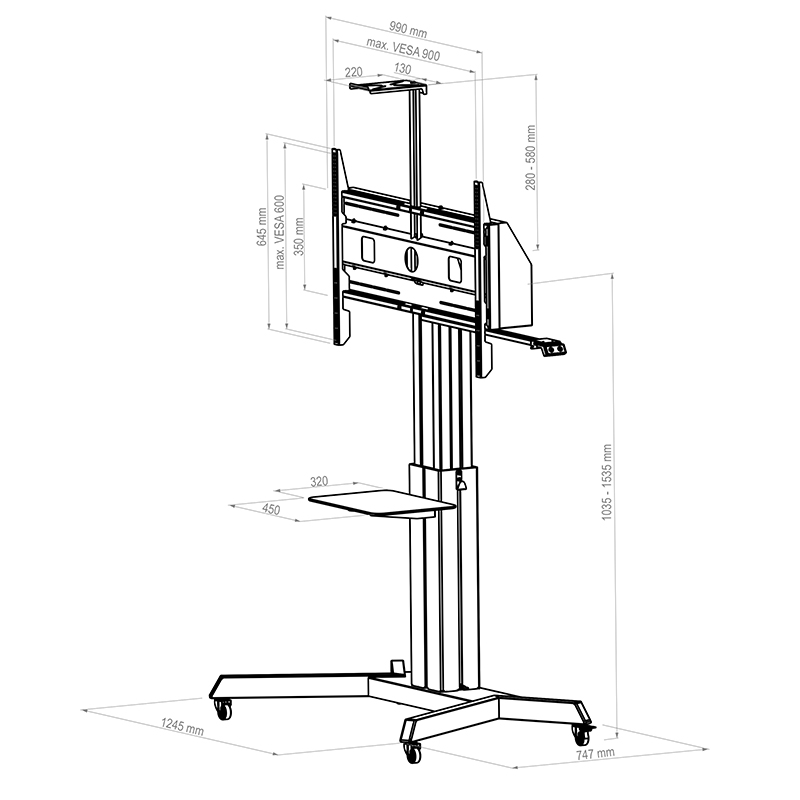 Hagor HP Lift Mobile - electric height adjustable trolley - 55-100 inch - VESA 900x600mm - up to 135 kg - black