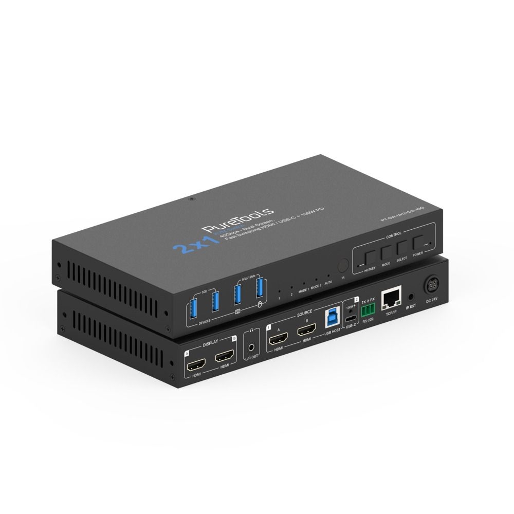 PureTools PT-SW-UH21DS-40G HDMI KVM - USB-C / HDMI 2x1 Switch mit 100 Watt PD - 40Gbps