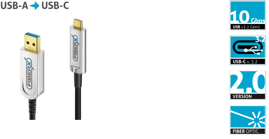 FiberX FX-I630-025 - USB 3.2 Gen 2 - USB-C / USB-A Glasfaser AOC Kabel - 25,0m - Schwarz