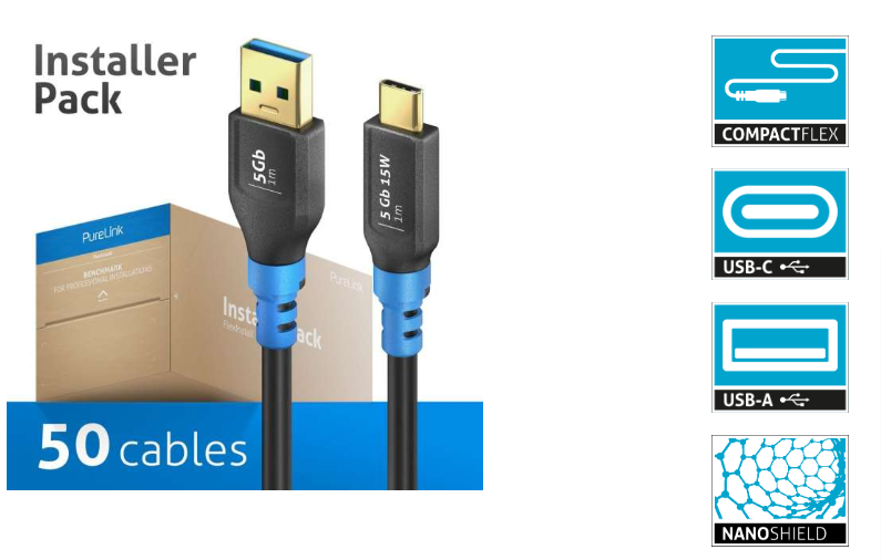 PureLink FI-U320-010-PCK - USB 3.2 Gen1 USB-C / USB-A cable - 1.0m cable length - Black - Installer Pack - 50 cables