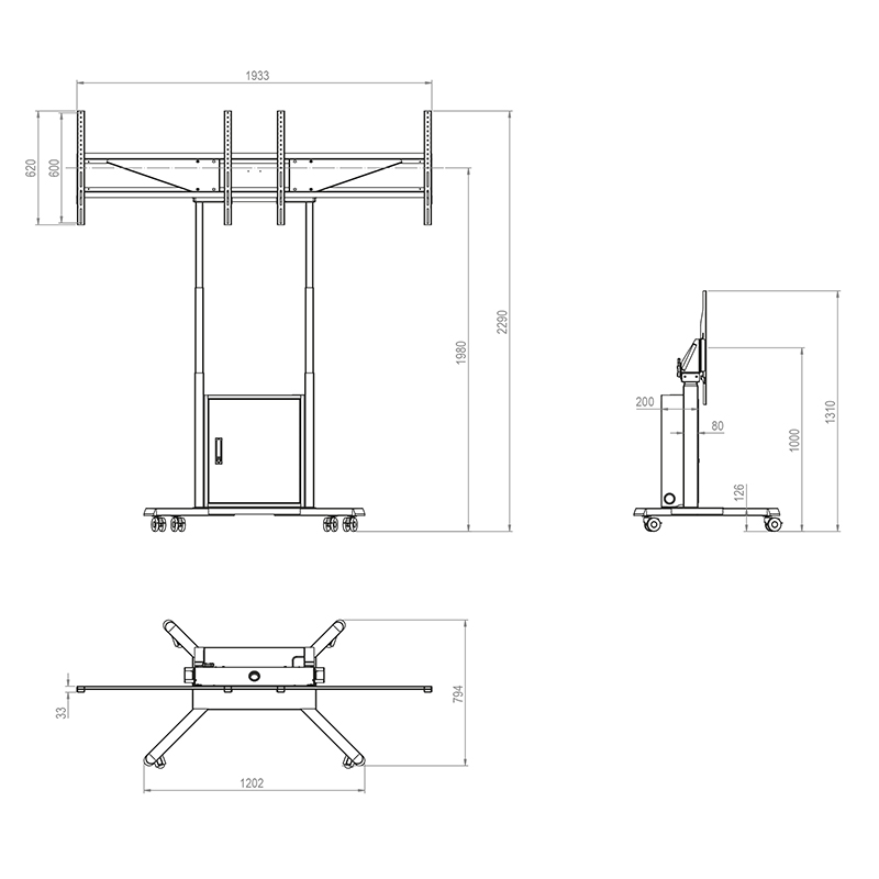 Hagor HP Twin Lift M-DW - mobile, electrically height-adjustable lift system for two displays 'side-by-side' - 2x 46-65 inch - VESA 600x400mm - up to 60kg per display - White