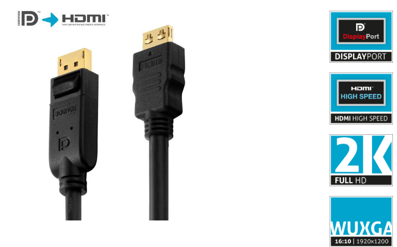 PureLink PI5100-100 - Zertifiziertes Aktives 2K DisplayPort / HDMI Kabel - 10,0m - Schwarz