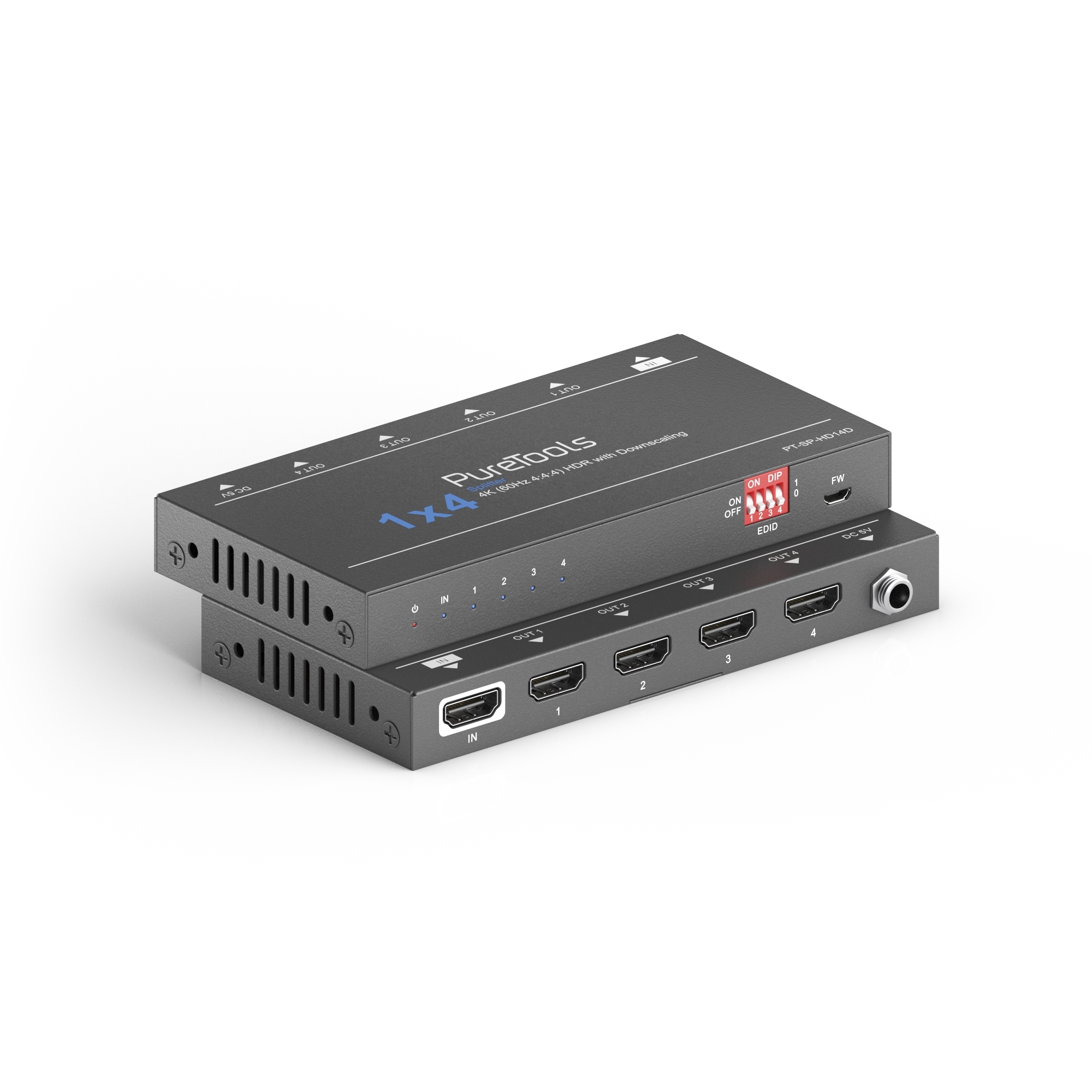 PureTools PT-SP-HD14D - HDMI Splitter 1x4, 4K (60Hz 4:4:4), mit Down-Scaling und EDID Management
