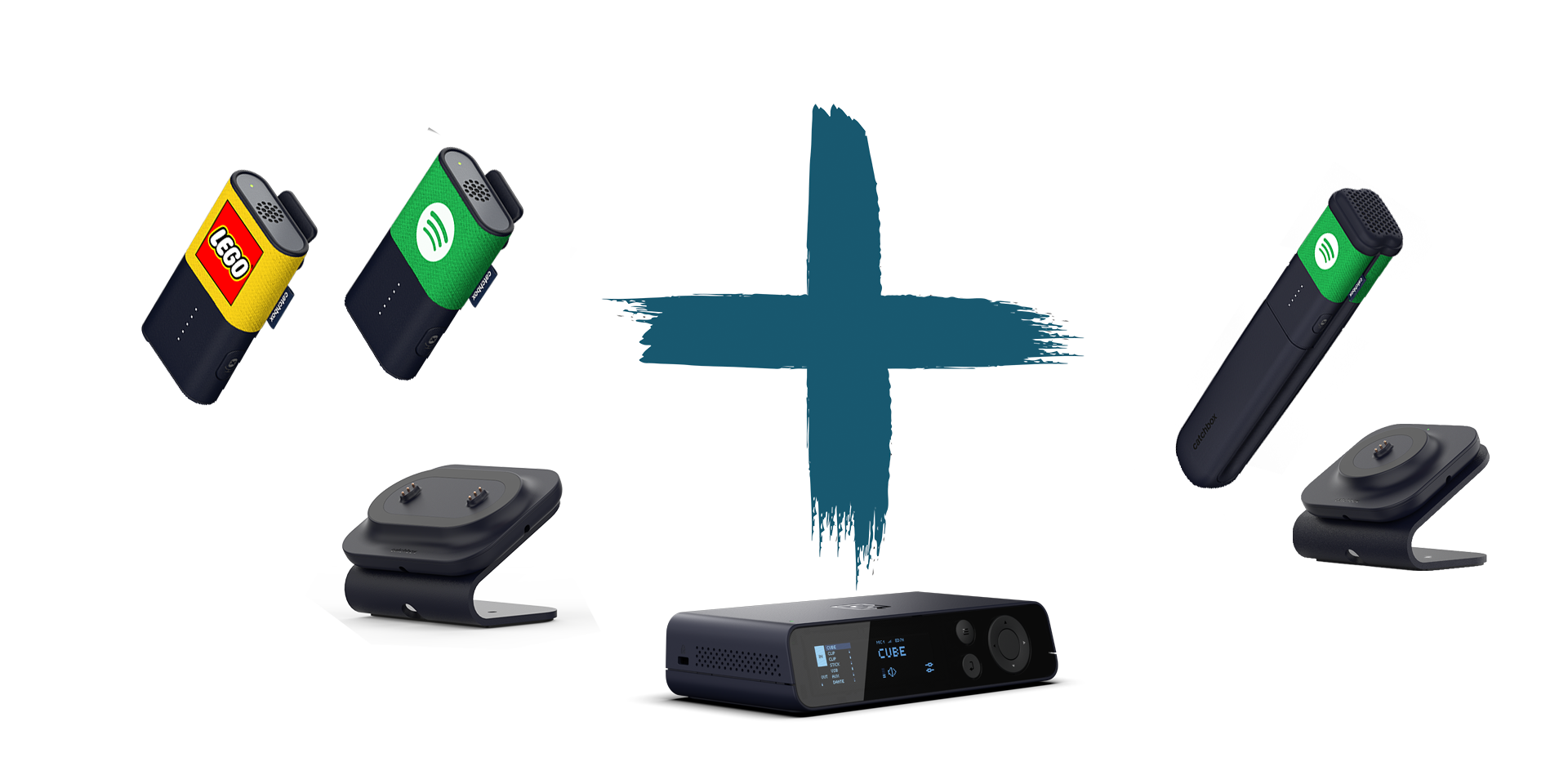 Catchbox Plus - System - 4 Channel - 2 x Clip (Ansteckmikro) - 1 x Stick (Handmikro) - 1 x drahtlose Ladestation für Stick - 1 x drahtlose Dual-Ladestation Clip - Customized - Version 2024