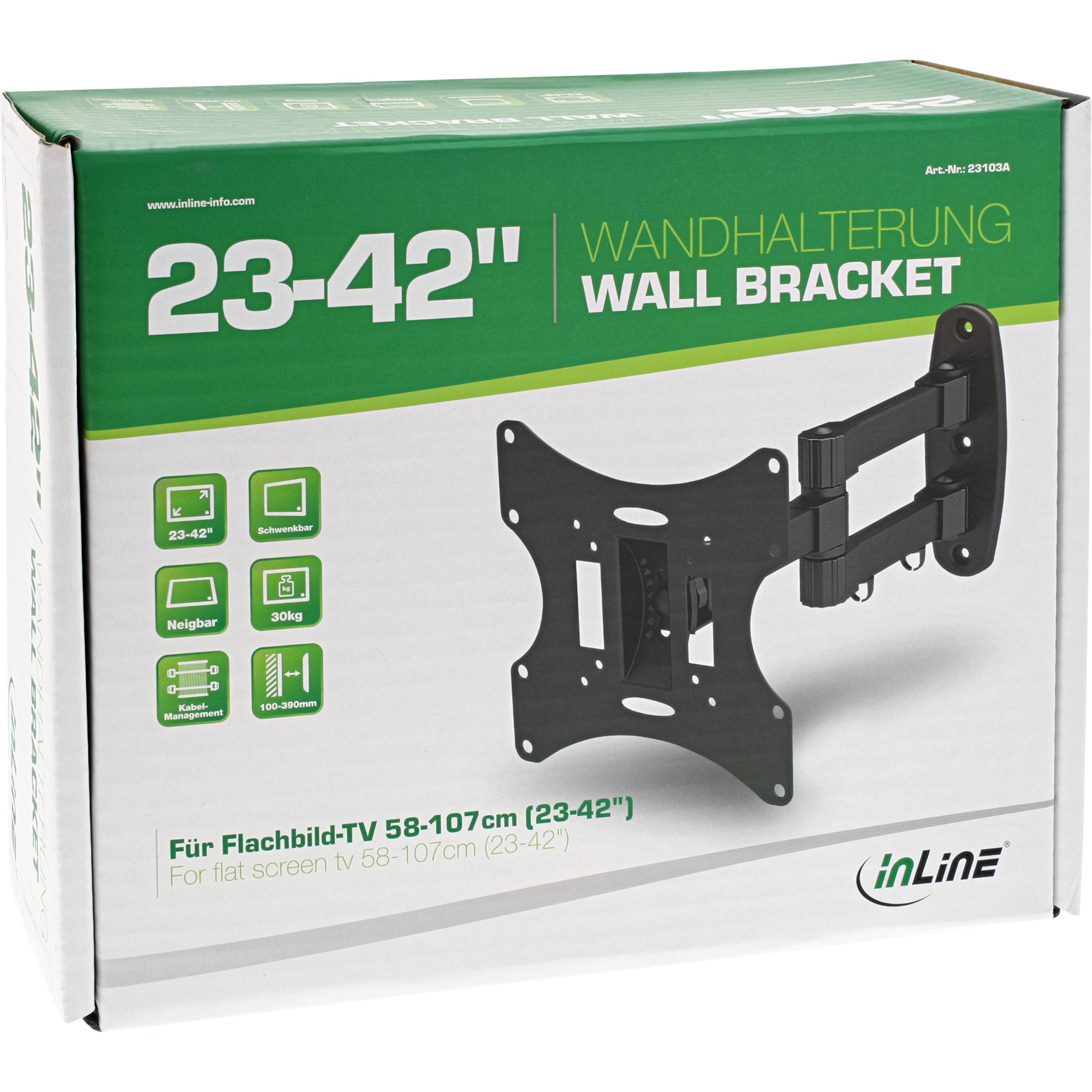 InLine Wandhalterung 23103A - schwenk- und neigbar - 23-42 Zoll - VESA 200X200MM - bis 30kg  - Schwarz
