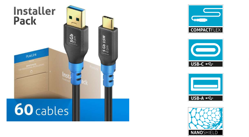 PureLink FI-U320-005-PCK - USB 3.2 Gen1 USB-C / USB-A cable - 0.5m cable length - Black - Installer Pack - 60 cables