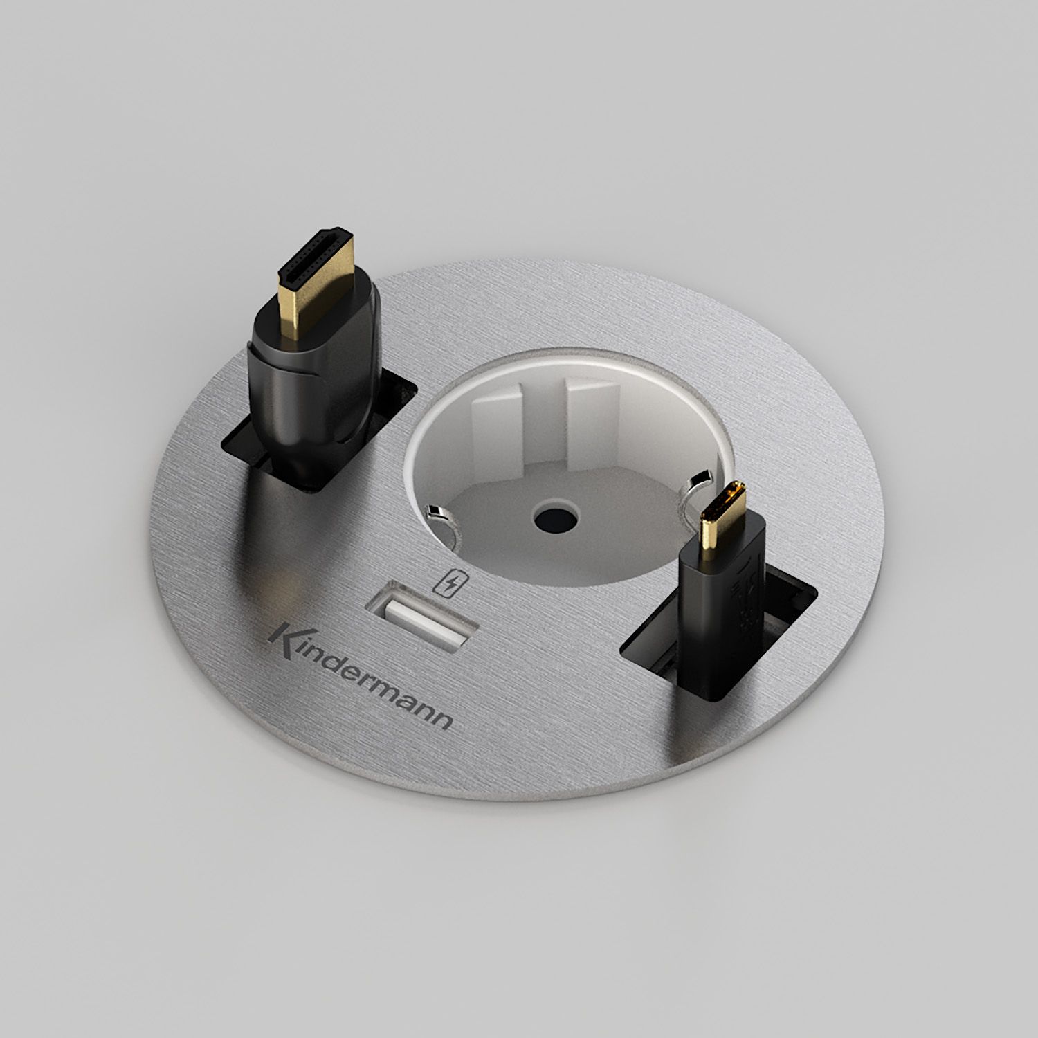 Kindermann CablePort table³ - 1x power - 1x USB-A - 2 free cable outlets - table connection panel - stainless steel