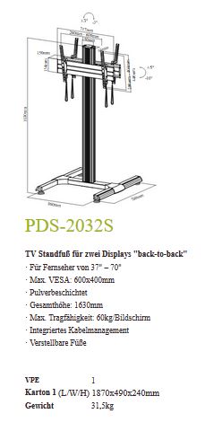 PureMounts PDS-2032S - Standfuß für 2 Displays Rücken an Rücken - 37 - 70 Zoll - schwarz