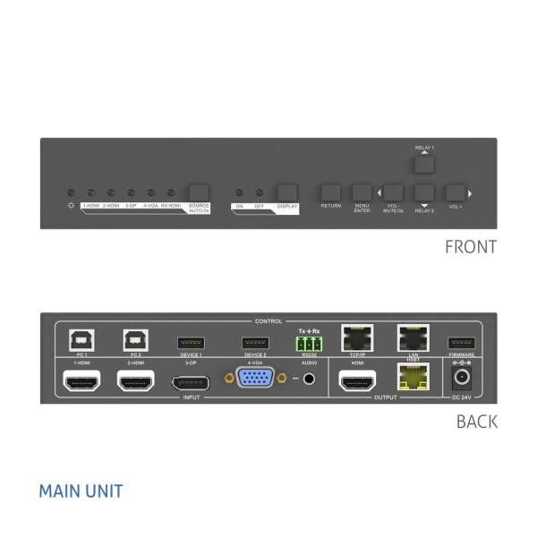 PureTools PT-PSW-42 - 4x2 Multiformat Presentation Switcher mit KVM und Scaler Set - 4K 30Hz - 2xHDMI + 1xDP + 1xVGA auf 1xHDMI + 1xHDBaseT