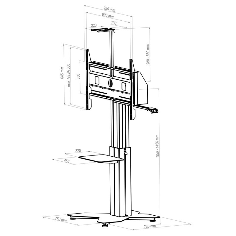 Hagor HP Lift Floorstand - freestanding, electrically height-adjustable lift system - 55-100 inch - VESA 900x600mm - up to 135 kg - Black