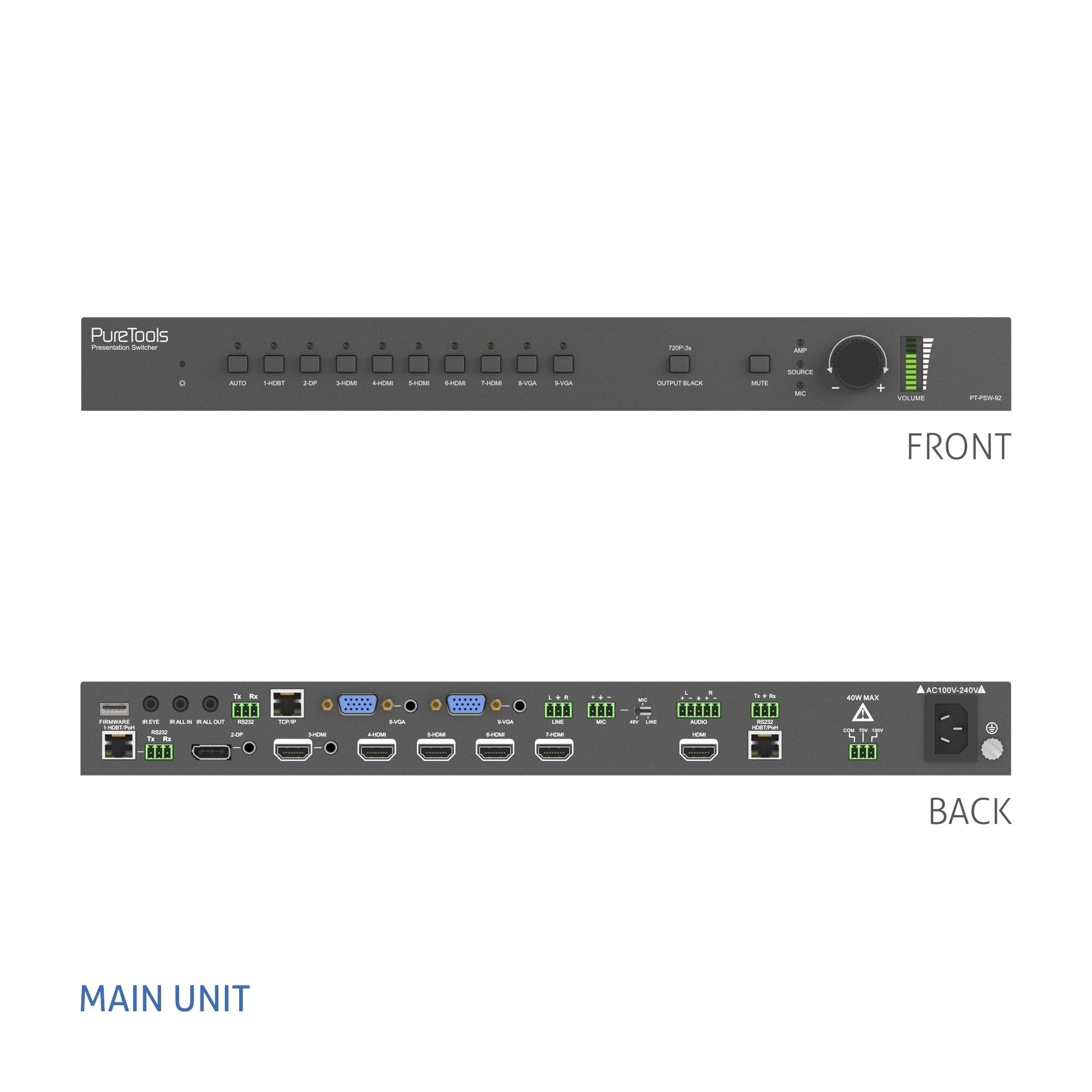 PureLink PT-PSW-92 - 9x2 Multiformat Presentation Switcher mit Scaler Set - 4K 60Hz - 4xHDMI + 1xHDBaseT, 1xDP, 1xVGA auf 1xHDMI, 1xHDBaseT