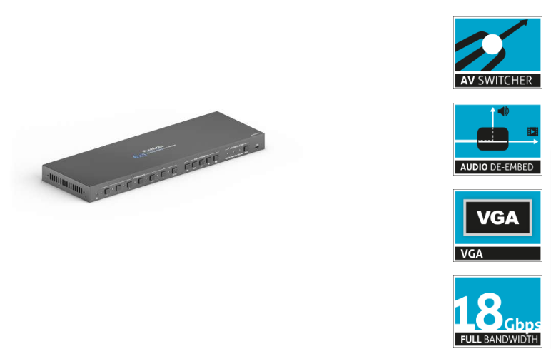 PureTools PT-PSW-61E - 6x1 Multiformat Presentation Switcher - 4K 60Hz 4:4:4 - 3 x HDMI + DP, USB-C und VGA, EDID-Management und automatische Umschaltung mit TMD