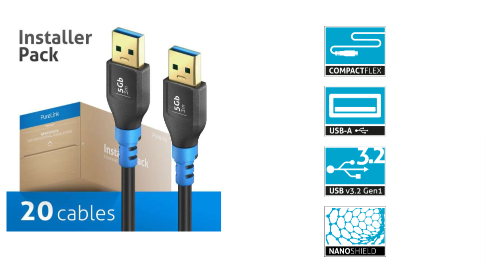 PureLink FI-U310-030-PCK - USB 3.2 Gen1 USB-A / USB-A cable - 3.0m cable length - Black - Installer Pack - 20 cables