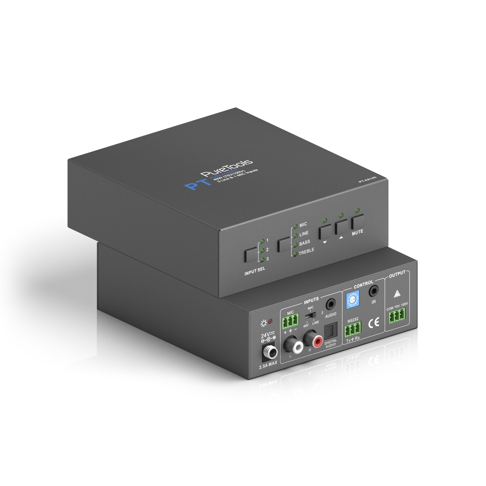 PureTools - Audio Amplifier 40W (70V/100V), 3 Line Inputs & 1 MIC Input