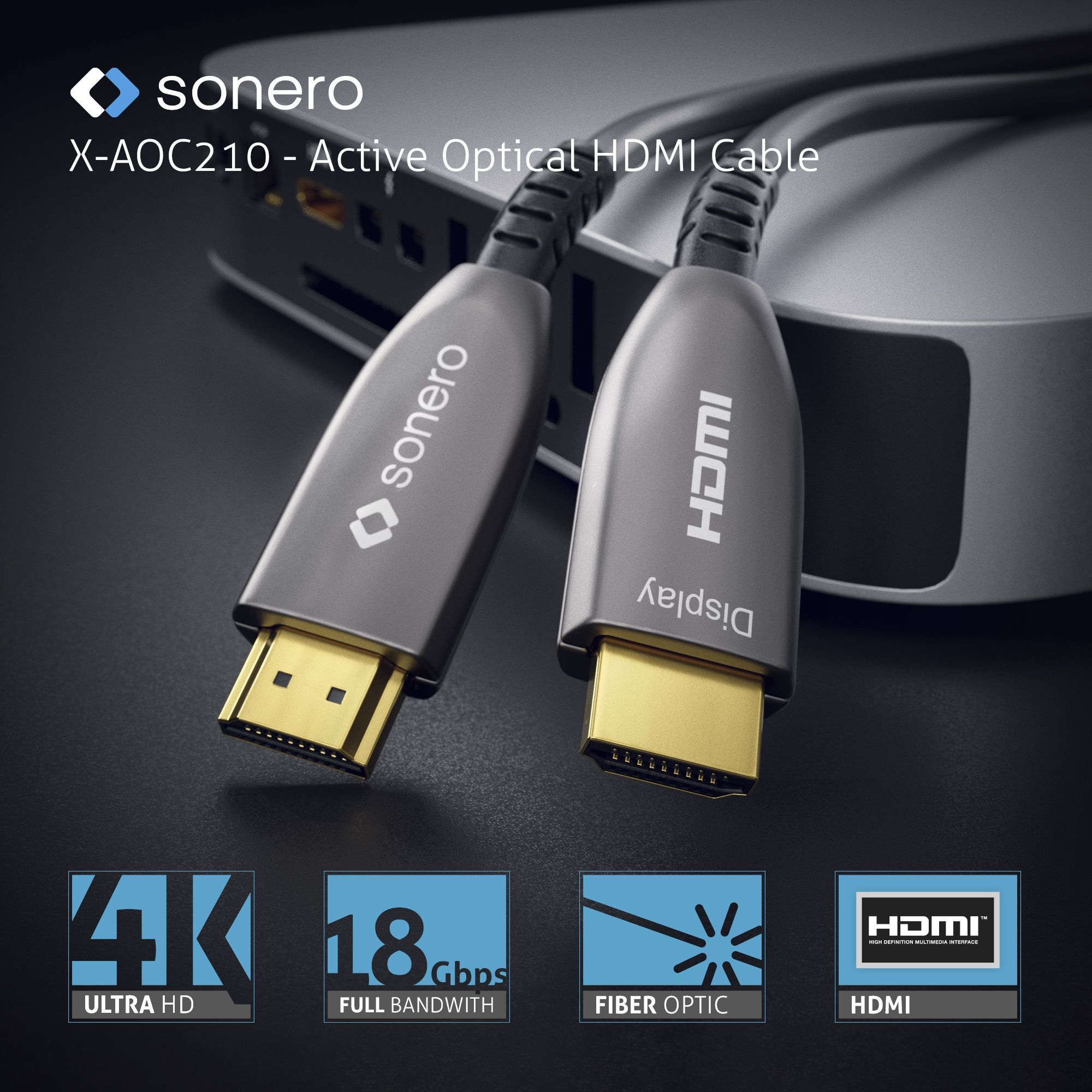 Sonero X-AOC210-100 - HDMI 4K Fibre Optic Cable - 18 Gbps - 10.0m - Black