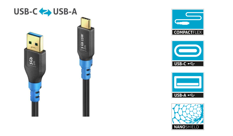 PureLink FI-U320-020 - USB 3.2 Gen1 USB-C / USB-A Kabel - 2,0m Kabellänge - Schwarz