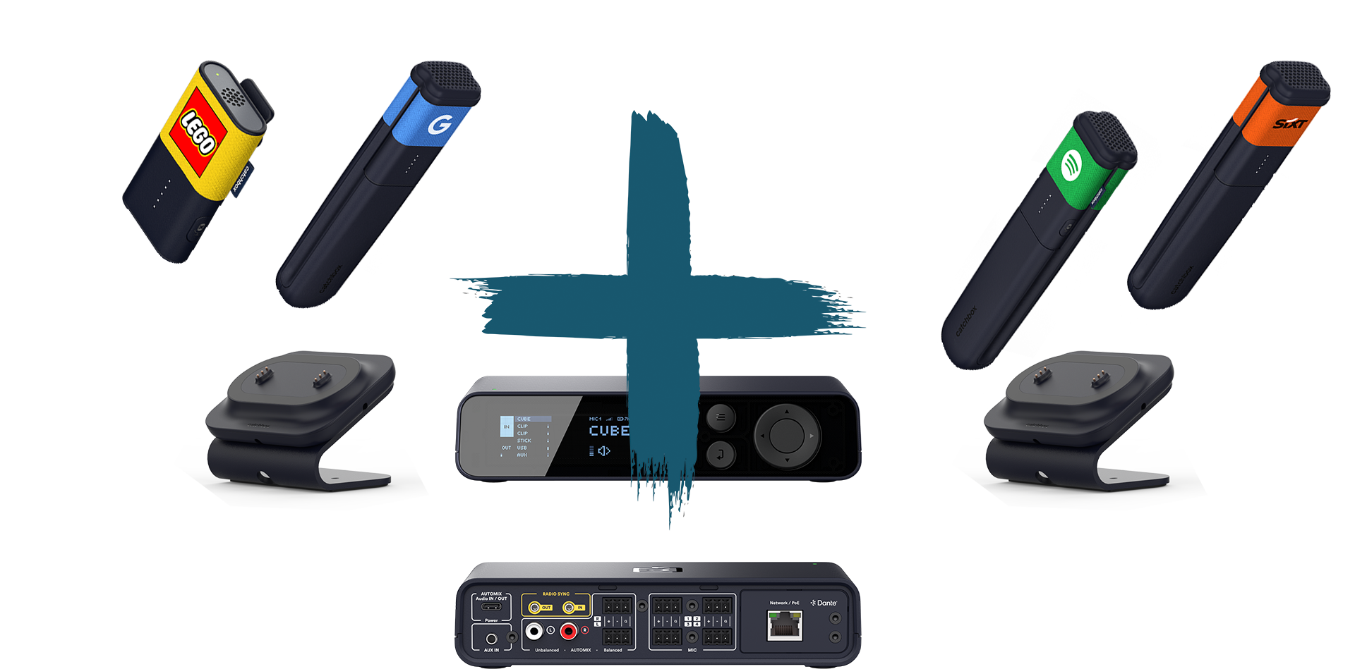 Catchbox Plus - System - 4 Channel - Networking + Dante - 1 x Clip (Ansteckmikro) - 3 x Stick (Handmikro) - 2 x drahtlose Dual-Ladestation für Clip und Stick - Customized - Version 2024