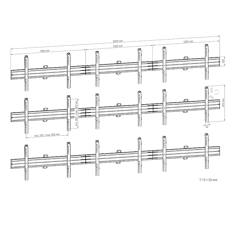 Hagor CPS Videowall W3x3L 46-50 - Videowall-Wandhalterung 3x3 - 46-50 Zoll - Landscape - VESA 600x400mm - bis 40kg/Display - Schwarz