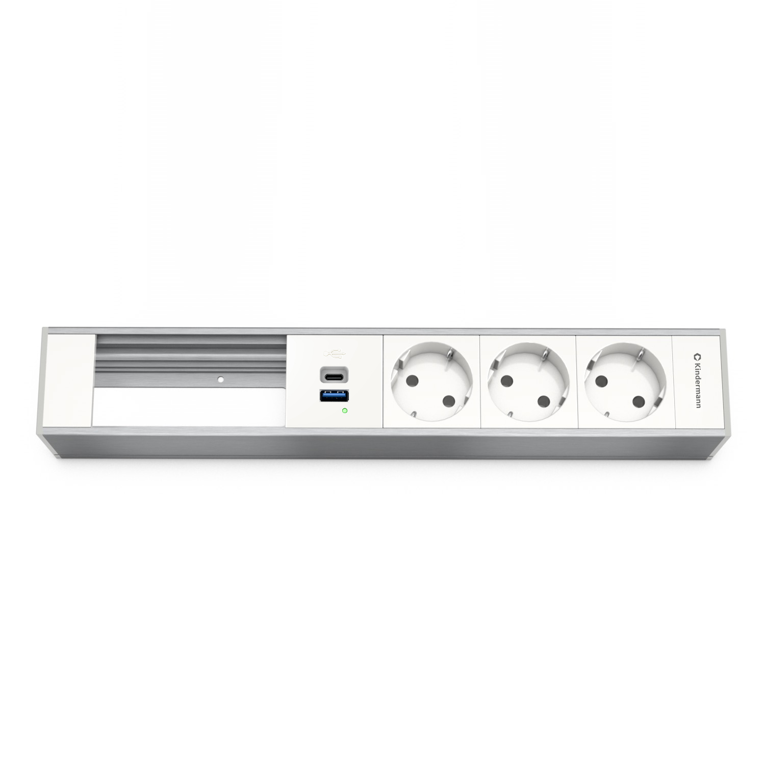 Kindermann Modulträger 6-fach 3xStrom - 1x USB-A / 1x USB-C - Tischanschlussfeld - Aluminium natur - eloxiert