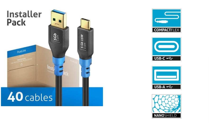 PureLink FI-U320-015-PCK - USB 3.2 Gen1 USB-C / USB-A cable - 1.5m cable length - Black - Installer Pack - 40 cables