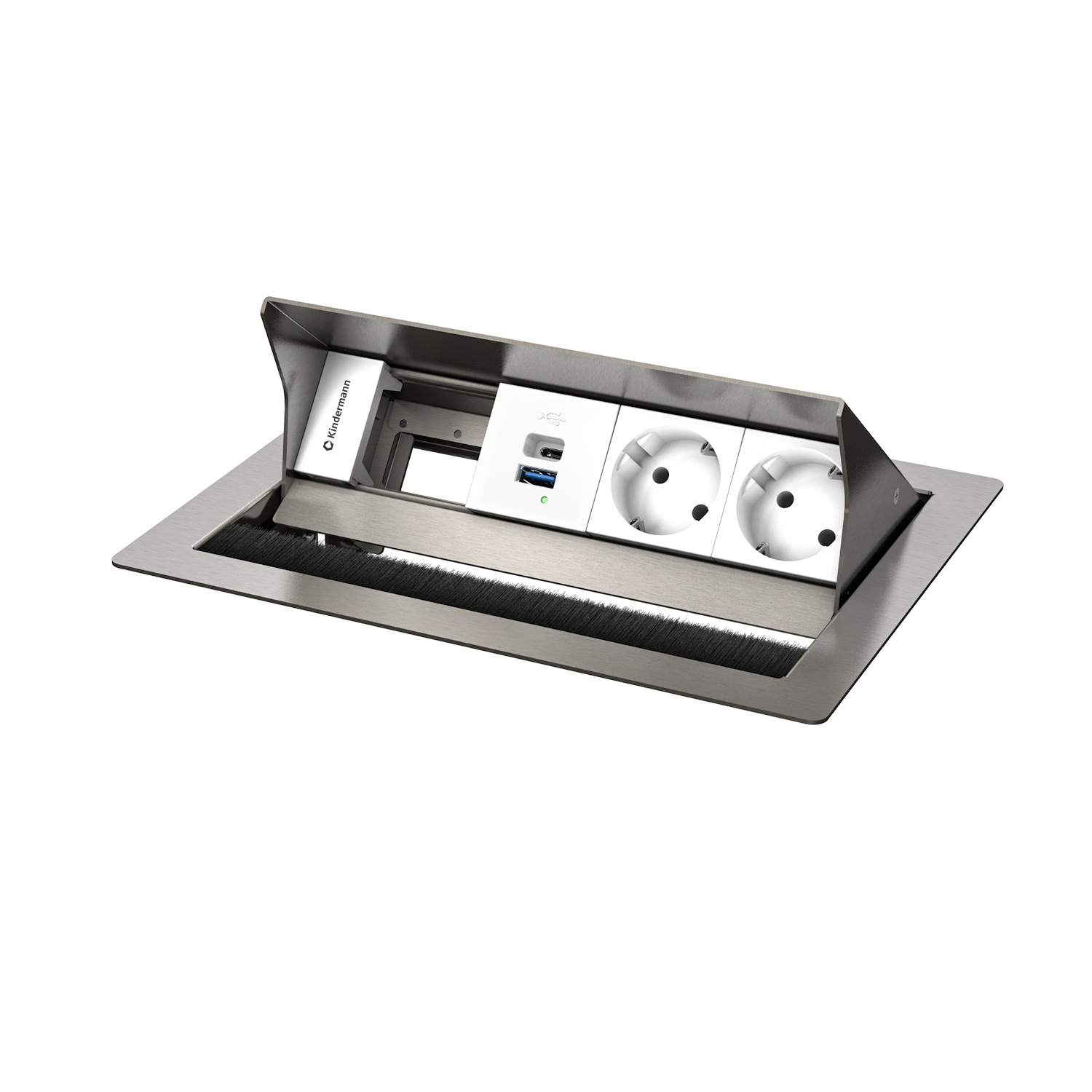 Kindermann Cableport Standard² 4-way 2x power - 1x USB-A / 1x USB-C - desktop housing - stainless steel
