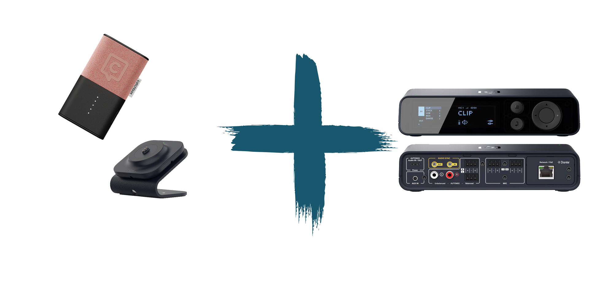 Catchbox Plus - System - 2 Channel - Networking + Dante - 1 x Clip (Ansteckmikro) - 1 x drahtlose Ladestation Clip - Standardfarbe - Version 2024