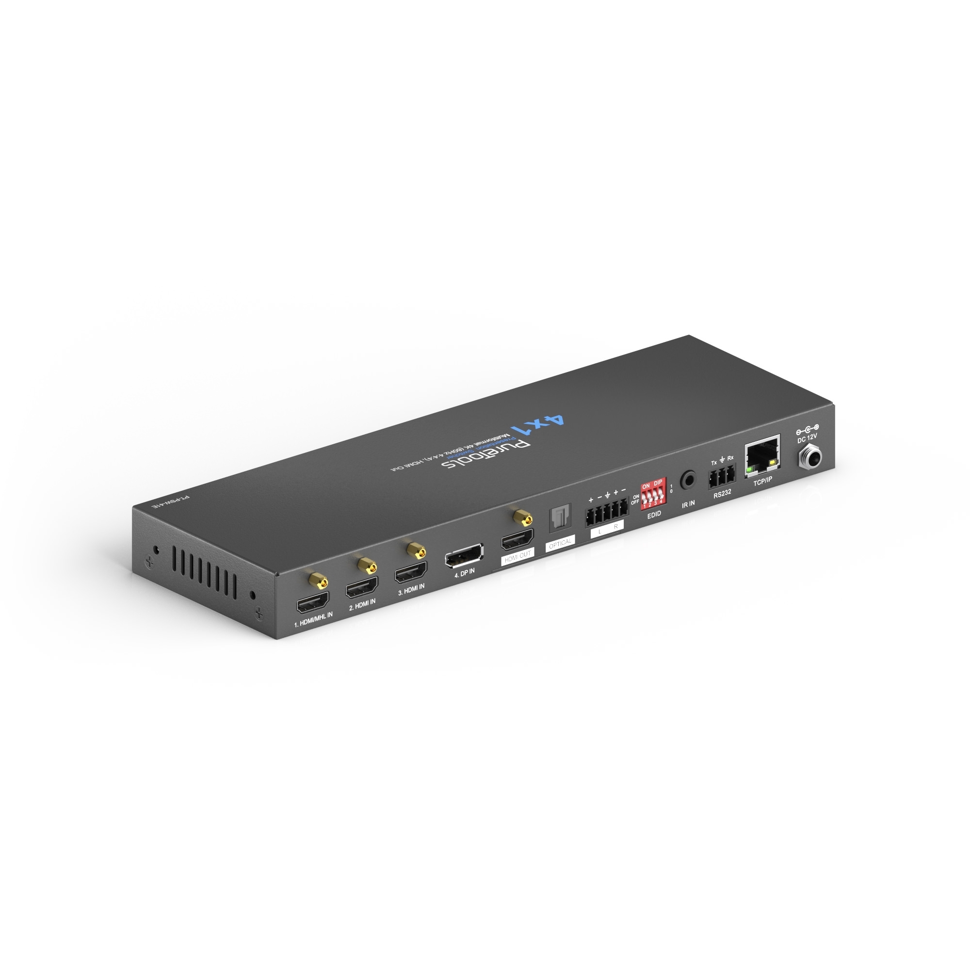 PureTools PT-PSW-41E - 4x1 Präsentations Switcher - 4K 60Hz 4:4:4 - 3 x HDMI und 1 x DP, EDID-Management und automatische Umschaltung - DolbyVision™