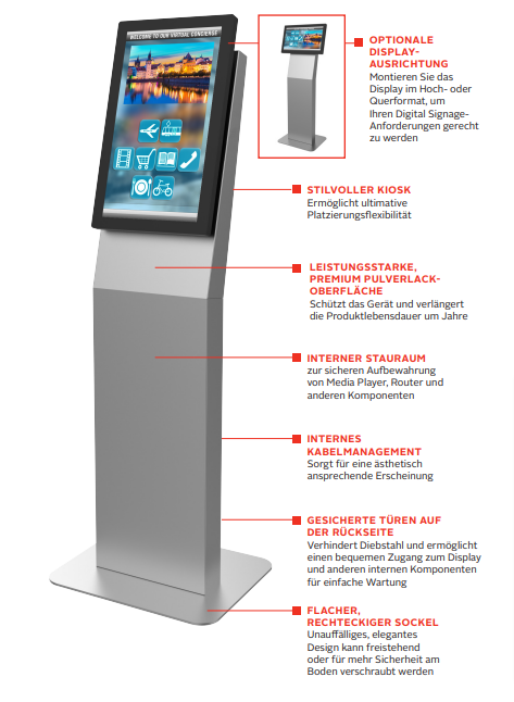 PEERLESS-AV KIP522-S-EUK - Indoor kiosk - portrait and landscape format - 15 - 32 inch displays - VESA 200x200mm - up to 22,6kg - silver