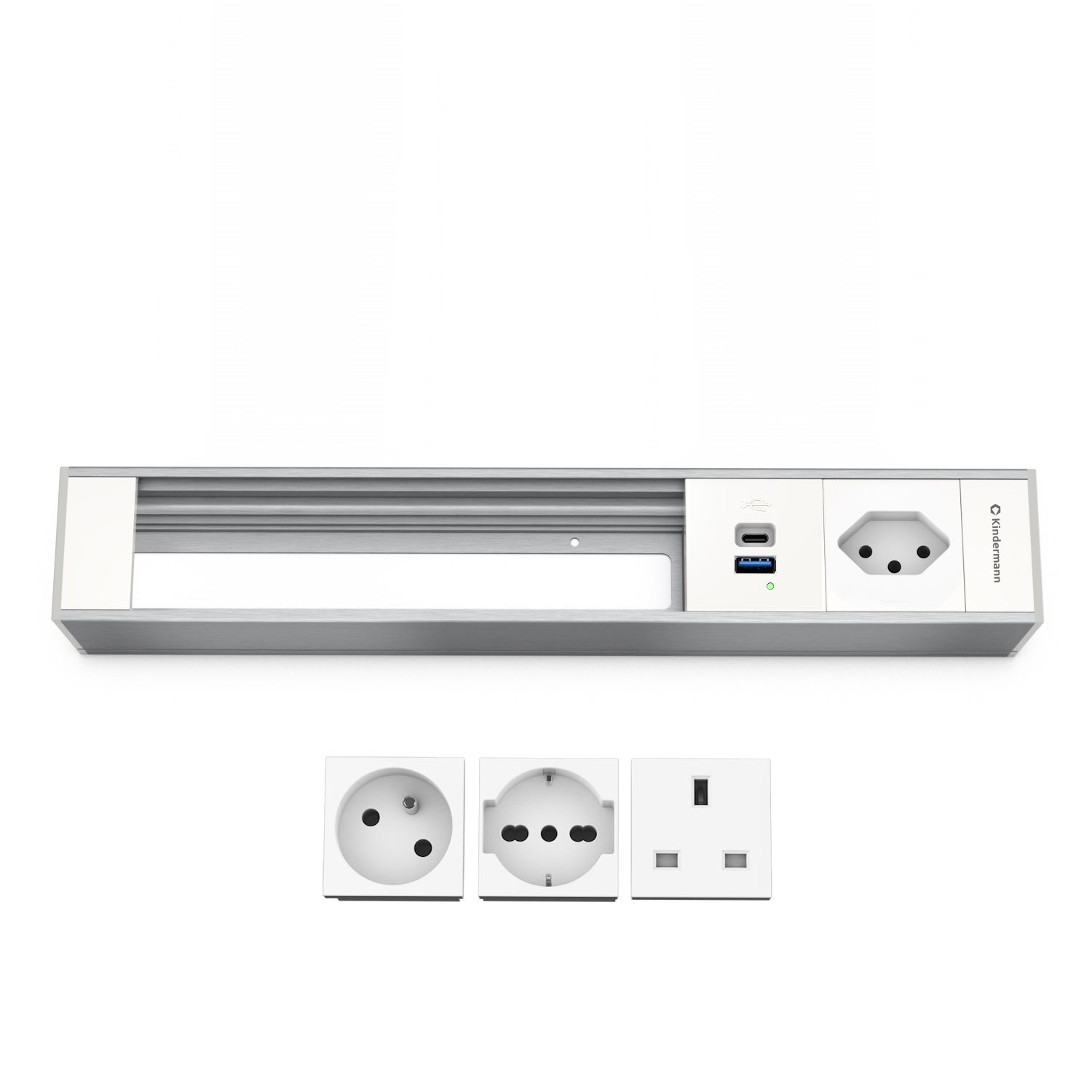 Kindermann Modulträger 6-fach 1xStrom INT - 1x USB-A / 1x USB-C - Tischanschlussfeld - Aluminium natur - eloxiert