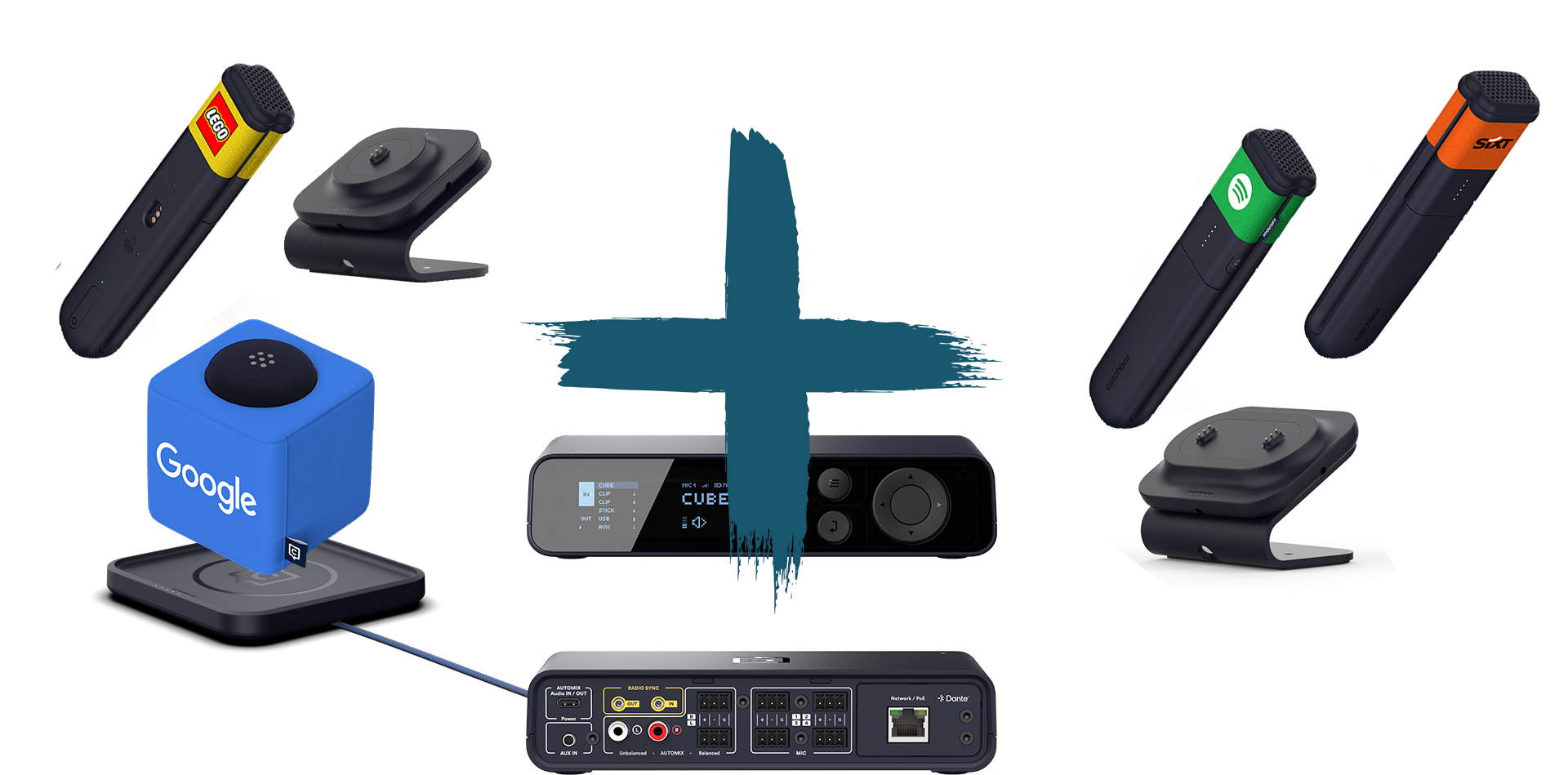 Catchbox Plus - System - 4 Channel - Networking + Dante - 1 x Cube (Wurfmikro) - 3 x Stick (Handmikro) - 1 x drahtlose Ladestation Cube und 1 x Stick, 1 x drahtlose Dual-Ladestation Stick - Customized - Version 2024